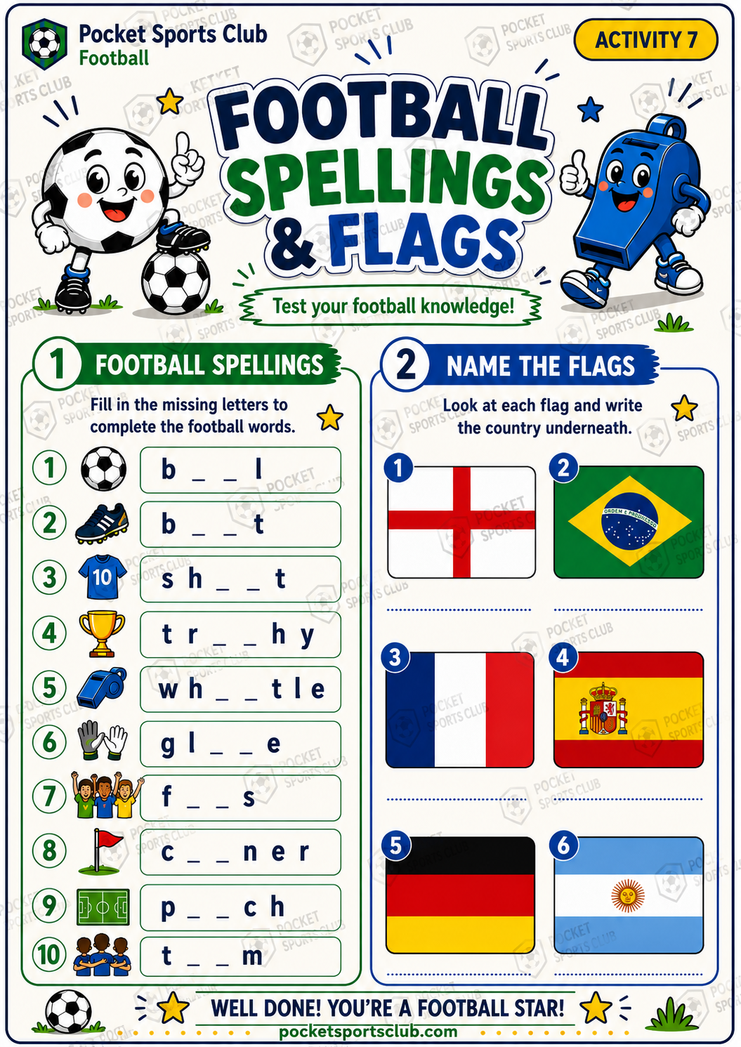 Football spellings and flags workbook activity